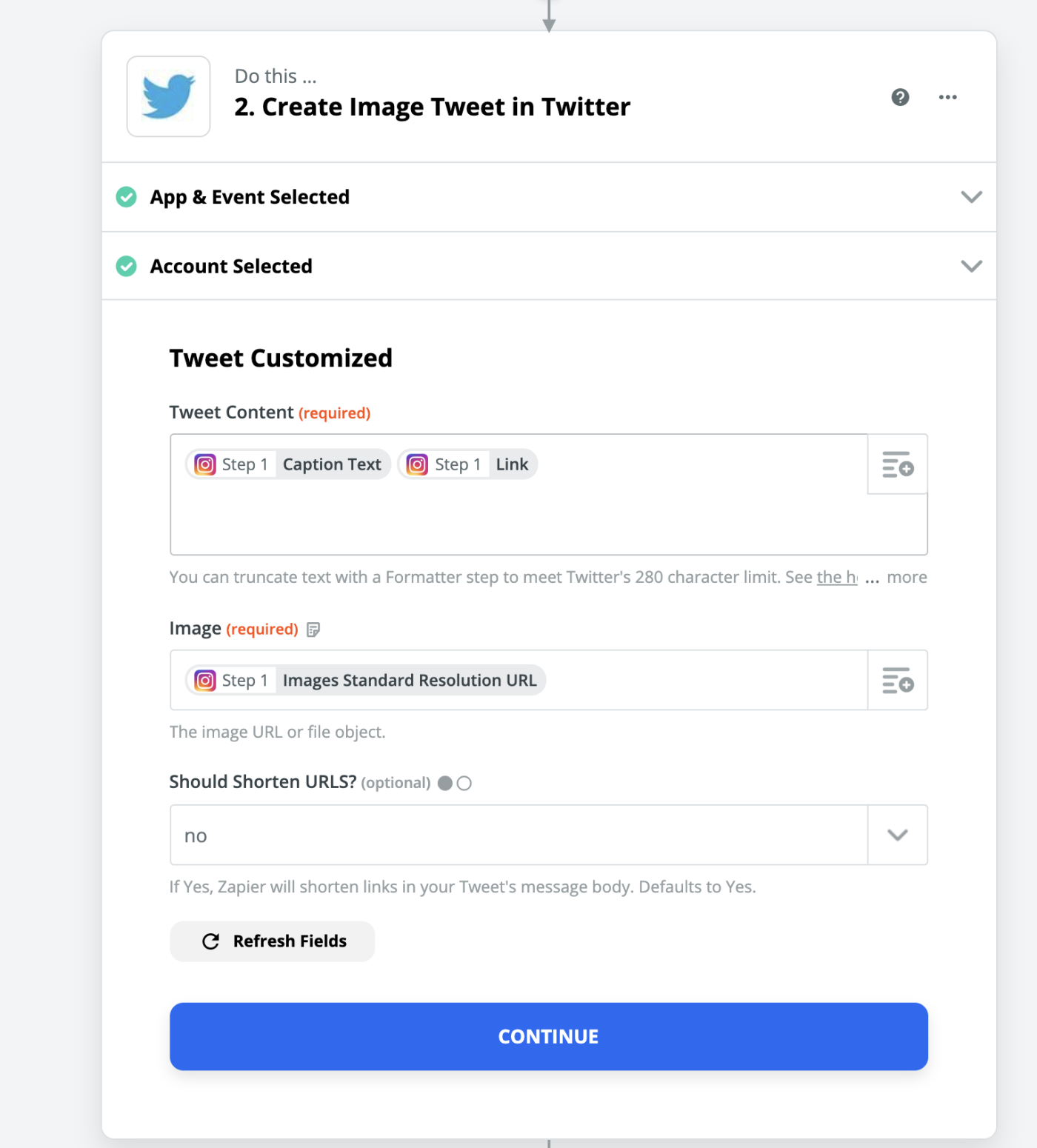 Setting up an Instagram tweet in Zapier