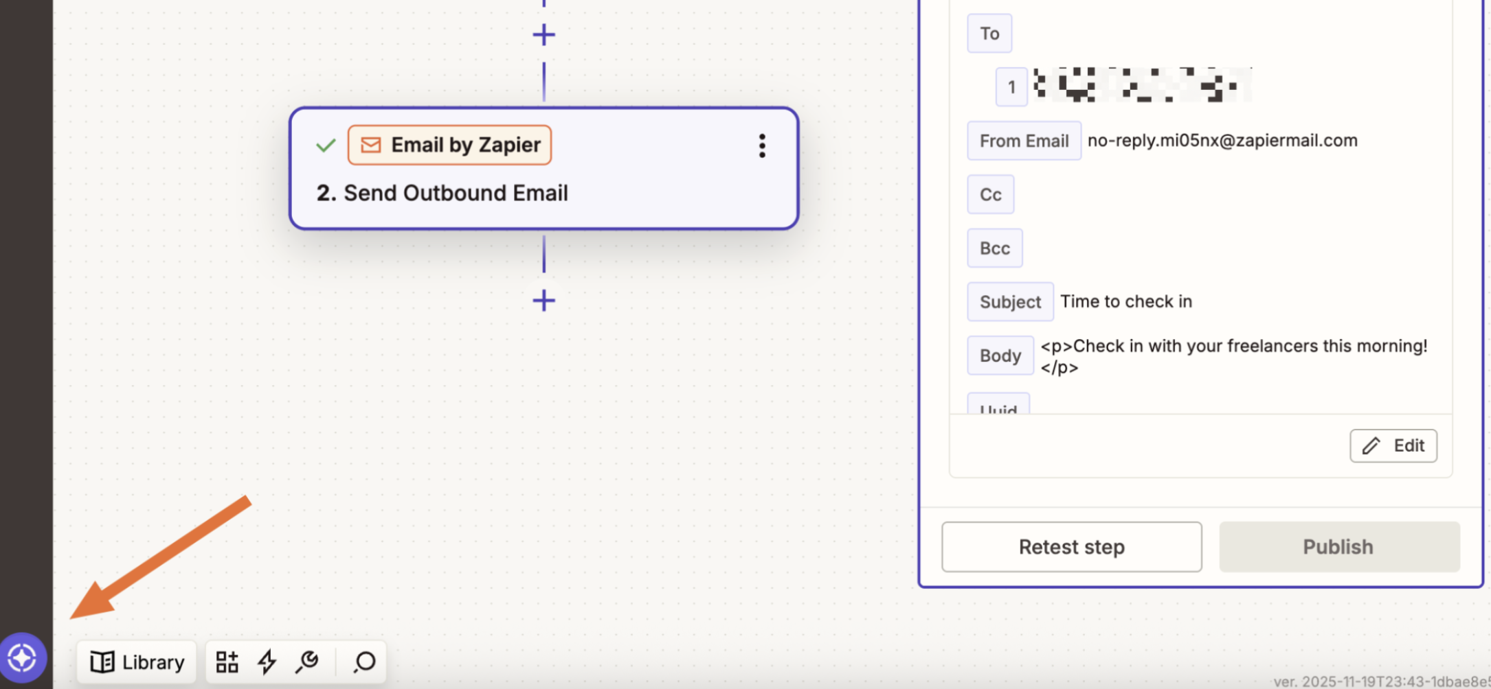 Zapier Email by Zapier action setup showing email details and arrow pointing to Copilot button in bottom left