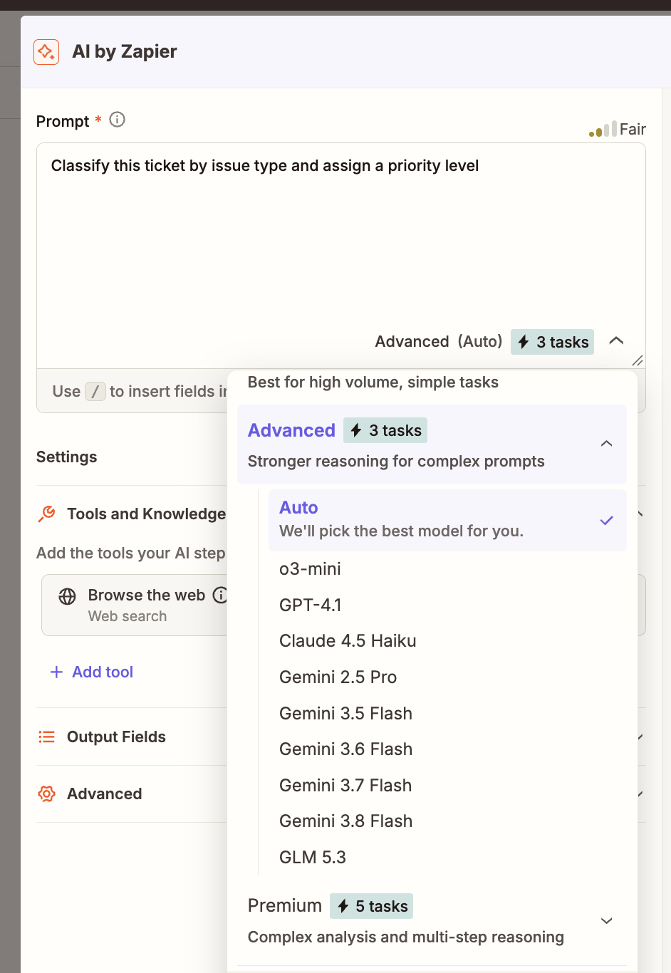 AI by Zapier with Gemini models in the dropdown