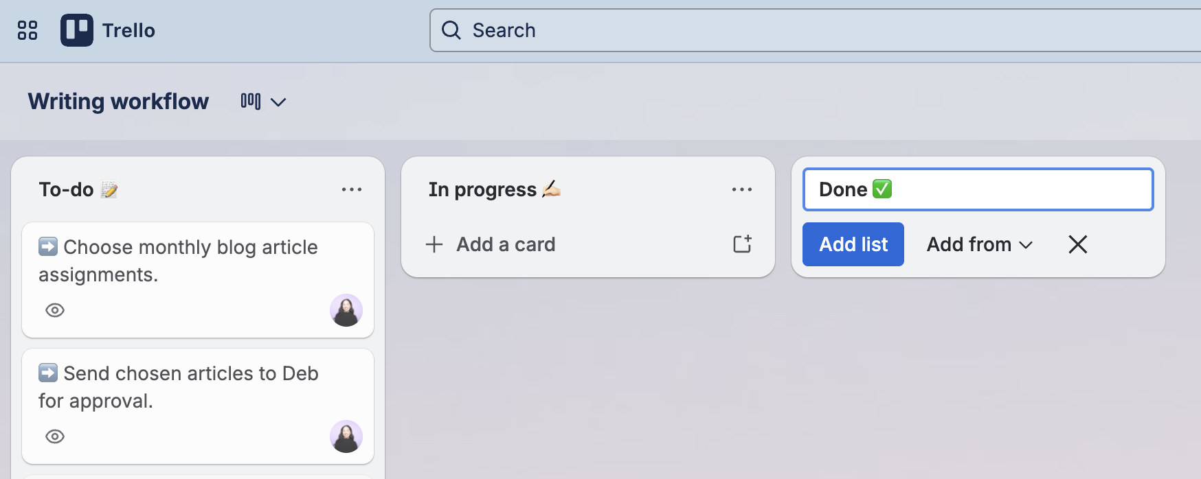 Trello board with a new list being added. 