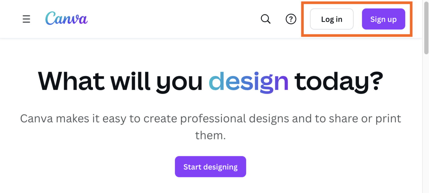Canva homepage with the options to log in or sign up highlighted. 