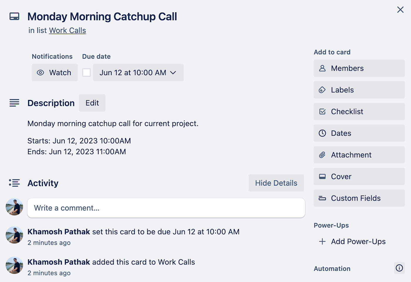 A Trello board with a card for Monday morning catchup call with Google Calendar details entered in the due date and description fields.