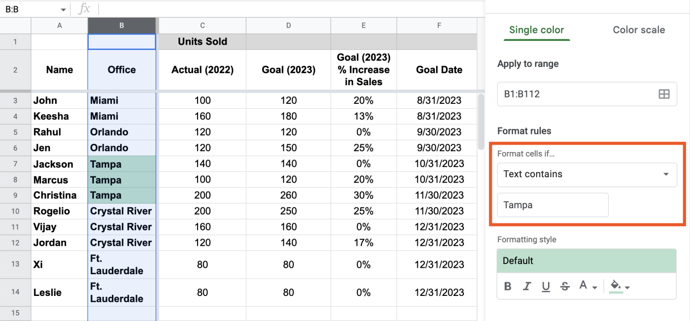 Portion of Google Sheets spreadsheet. All cells in column B containing the text "Tampa" are filled with light green.
