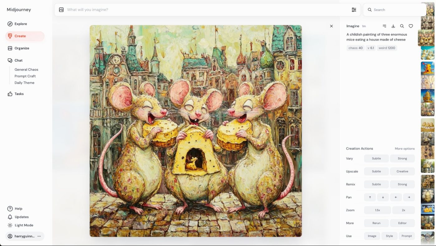 A painting of mice eating a cheese house on Midjourney