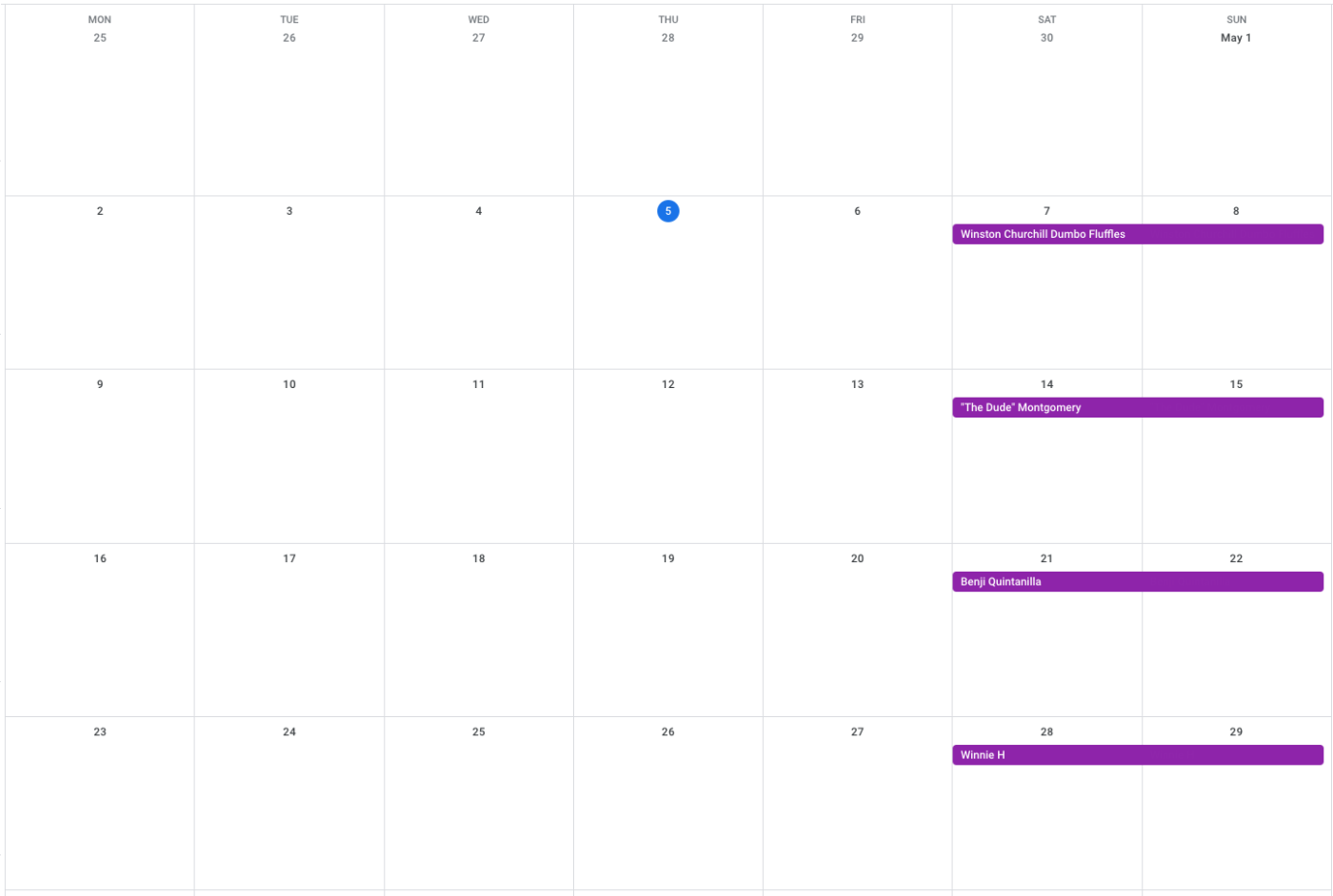 A Google Calendar displaying events through the weekend.