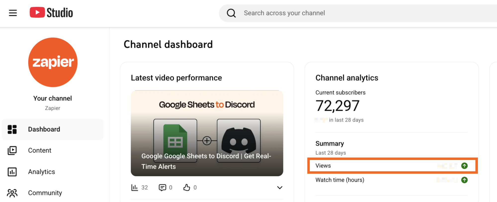 YouTube Studio dashboard with the total number of channel views highlighted. 