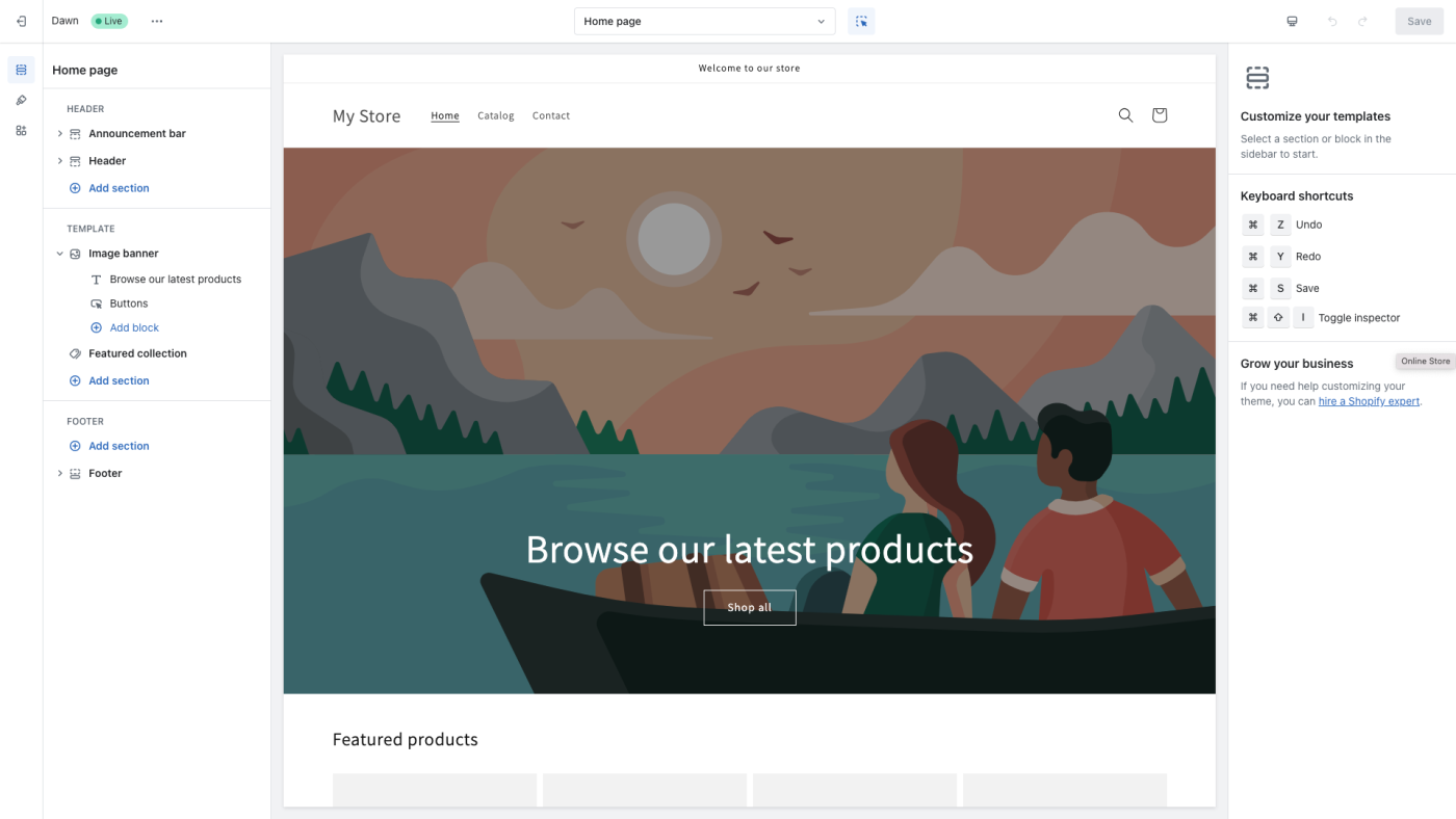 A screenshot of Shopify's Theme Store, where you can choose a theme to customize the look of your store