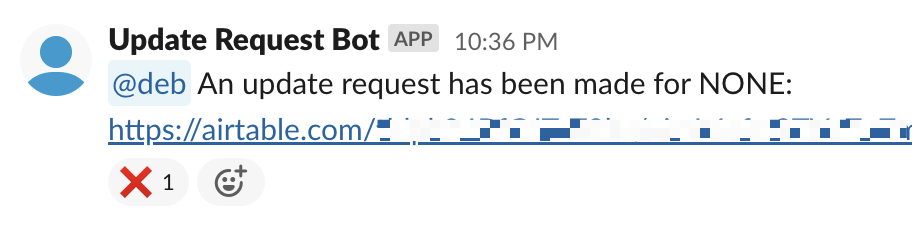 Slack message with a red X custom Slack emoji reaction.