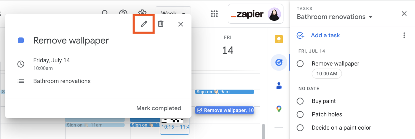 Expanded view of a Google Task in Google Calendar with the edit icon, which looks like a pencil, highlighted.
