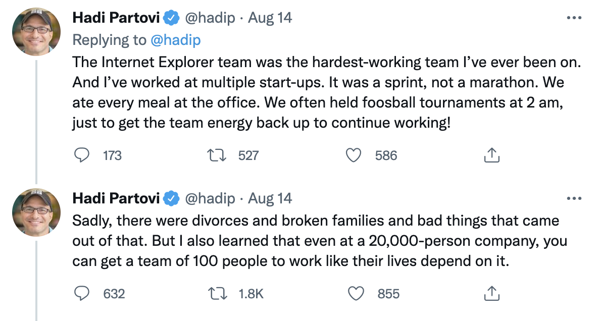 Tweets from Hadi Partovi talking about how much was sacrificed to create Internet Explorer