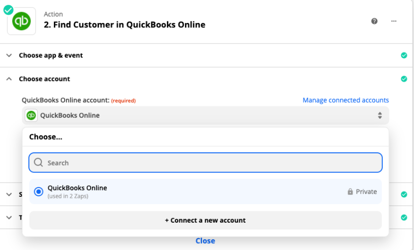 Connecting an app account in the Zap editor. The app connected here is QuickBooks Online. 