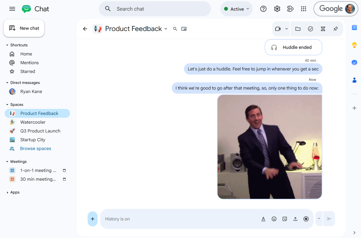 The chat interface in Google Chat