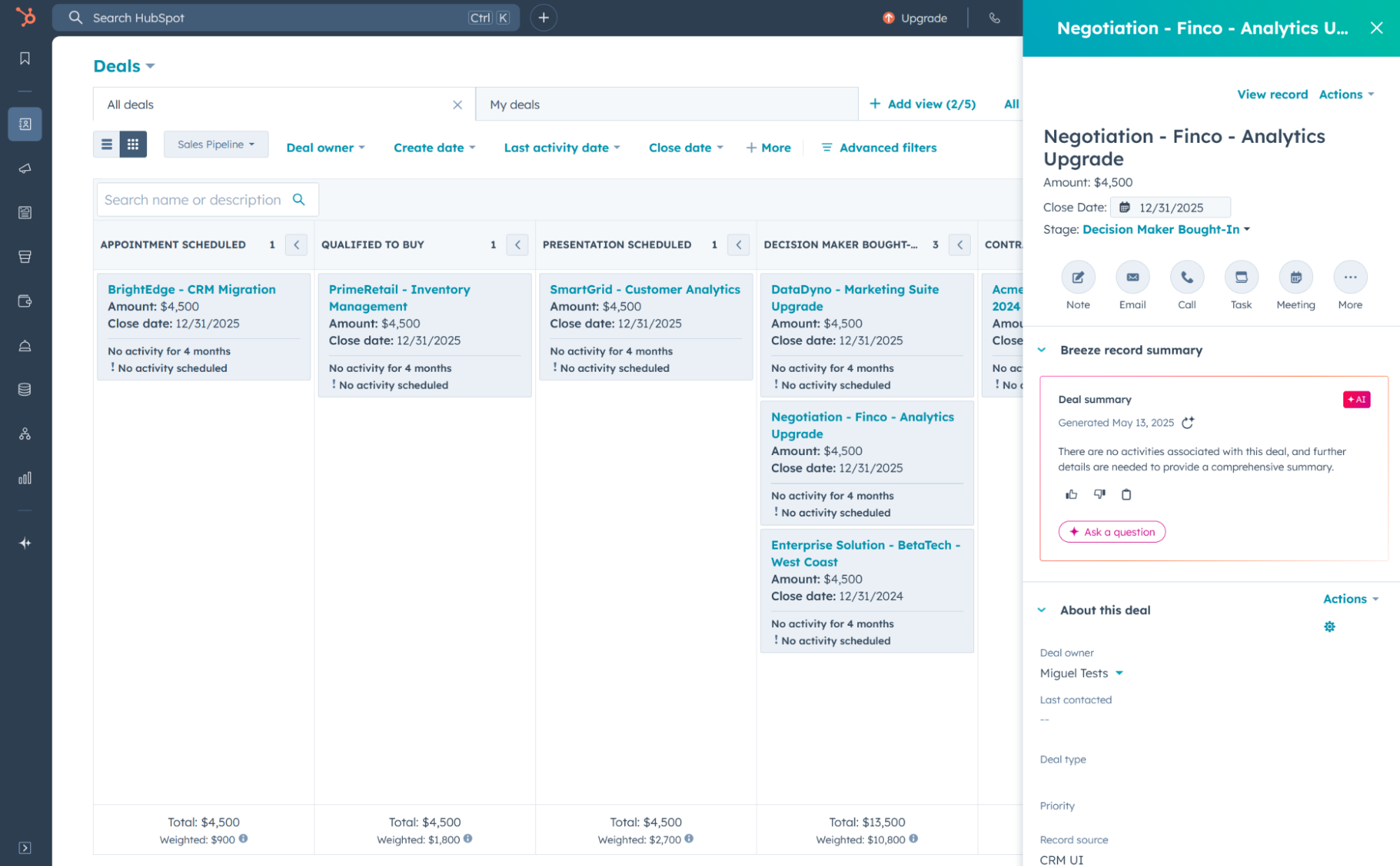 A screenshot of HubSpot, an AI marketing tool.
