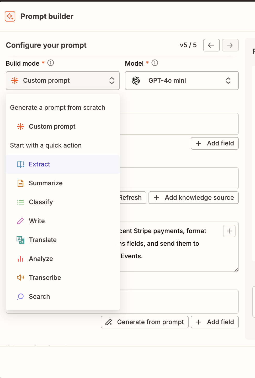 A dropdown menu of options in the Build mode field 