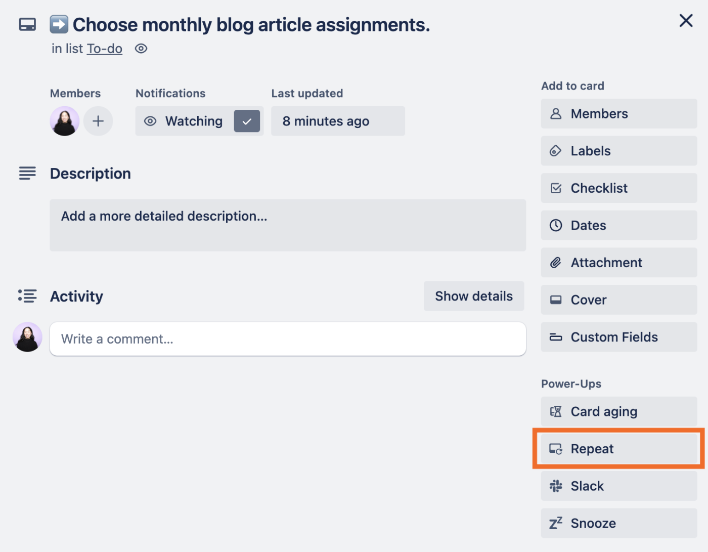 Open Trello card with the Card Repeater Power-Up highlighted.
