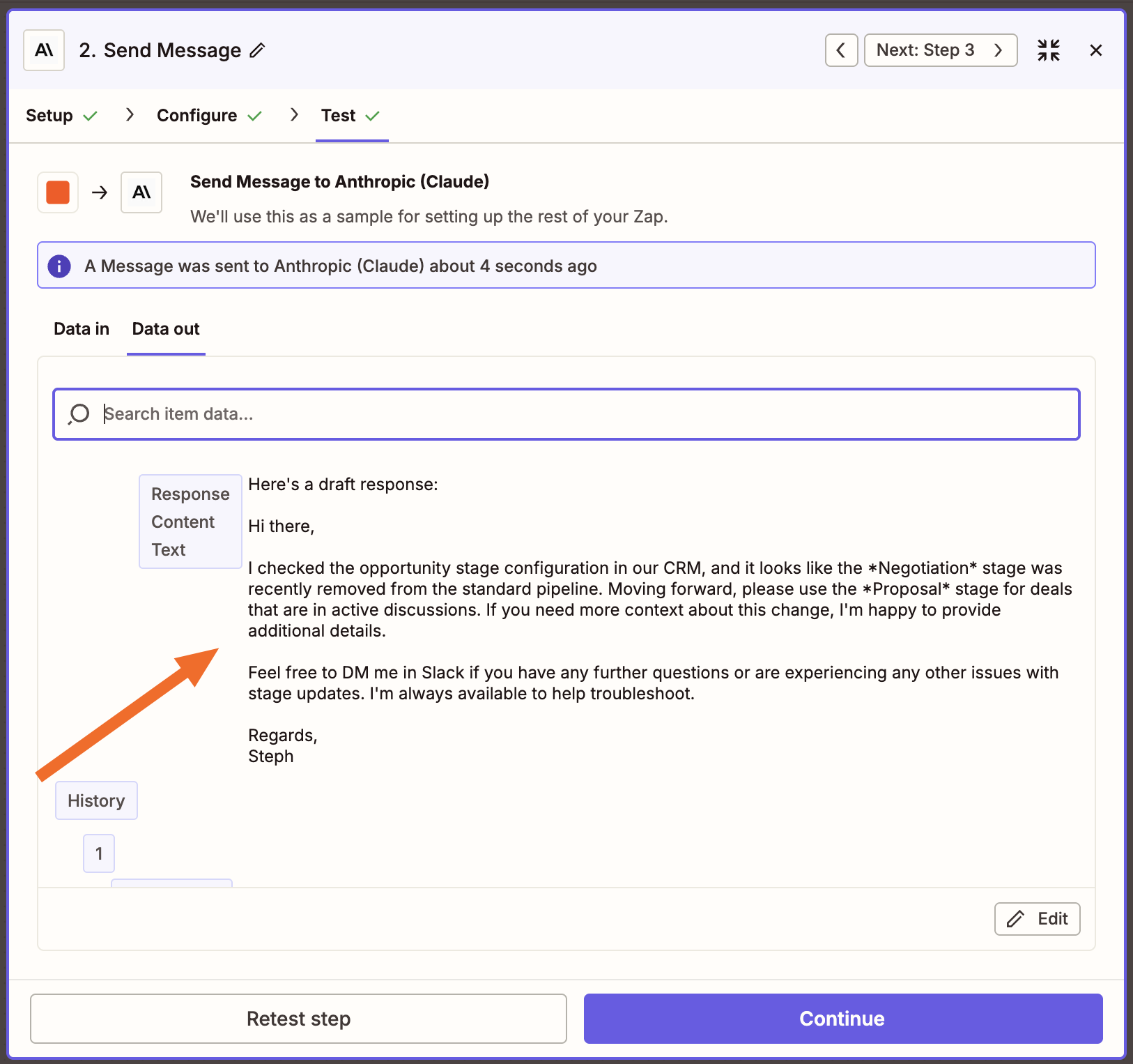 A window in the Zap editor showing test data