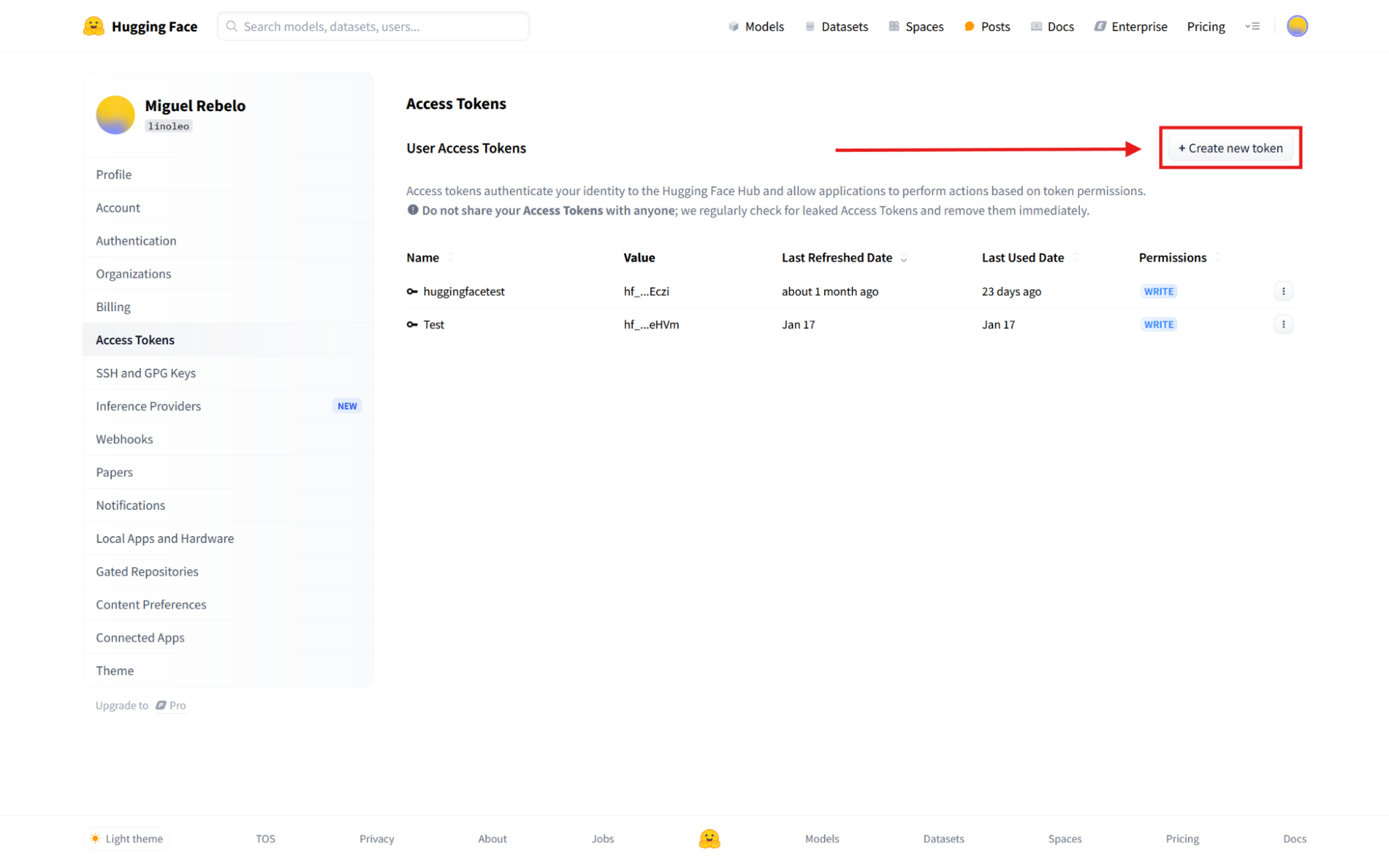 The Create new token button on Hugging Face