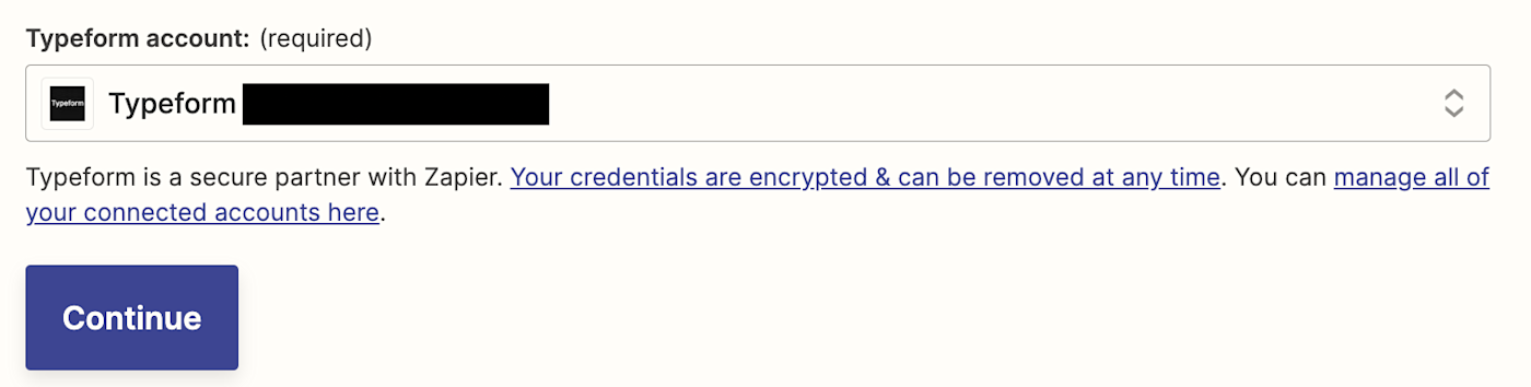 A Typeform account selected in the Typeform Account field.