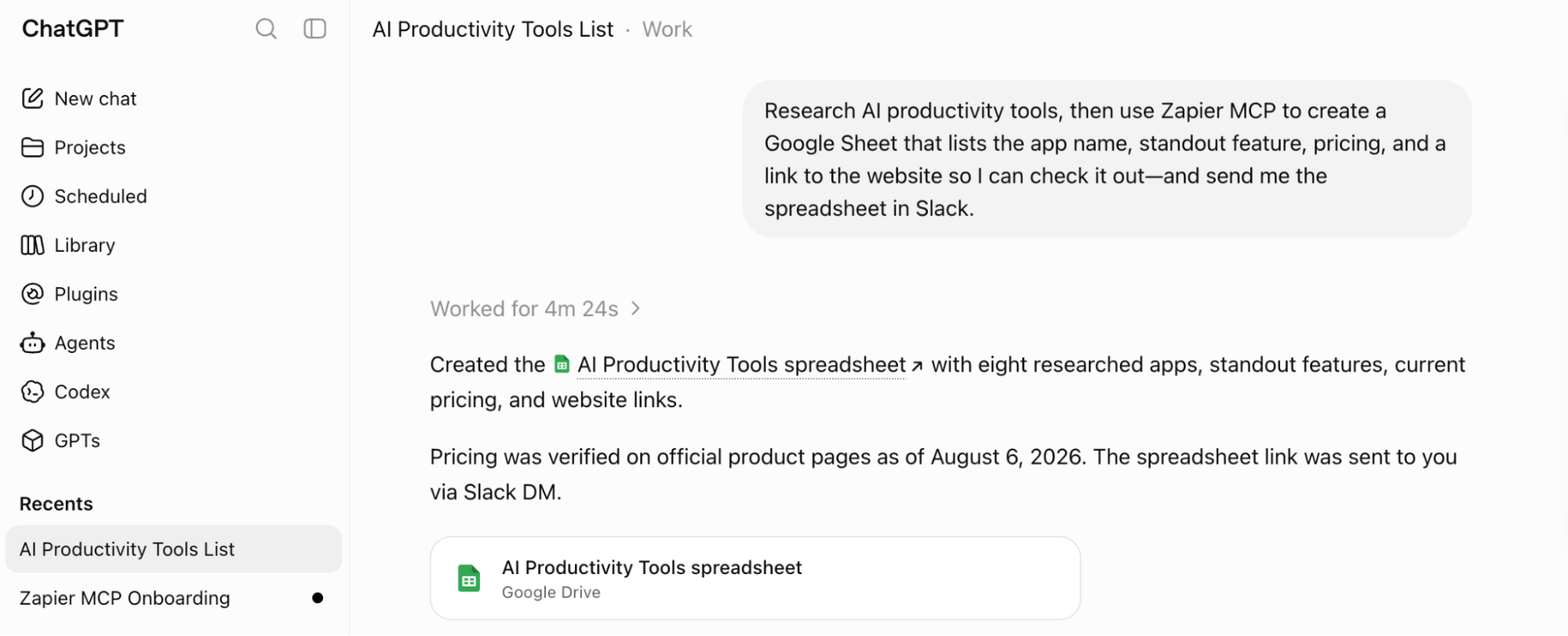 Zapier MCP taking action in Google Sheets straight from ChatGPT