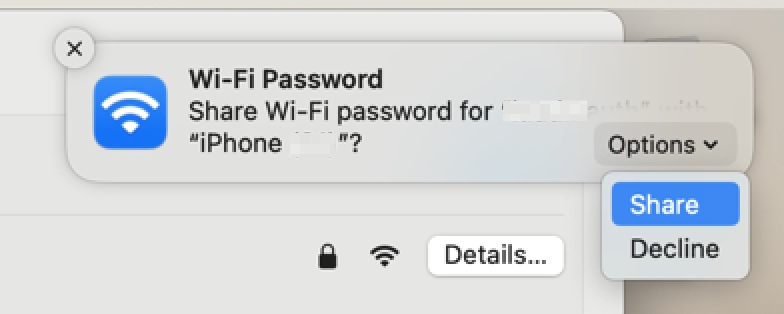 Share Wi-Fi password popup on a Mac with the option to share selected.