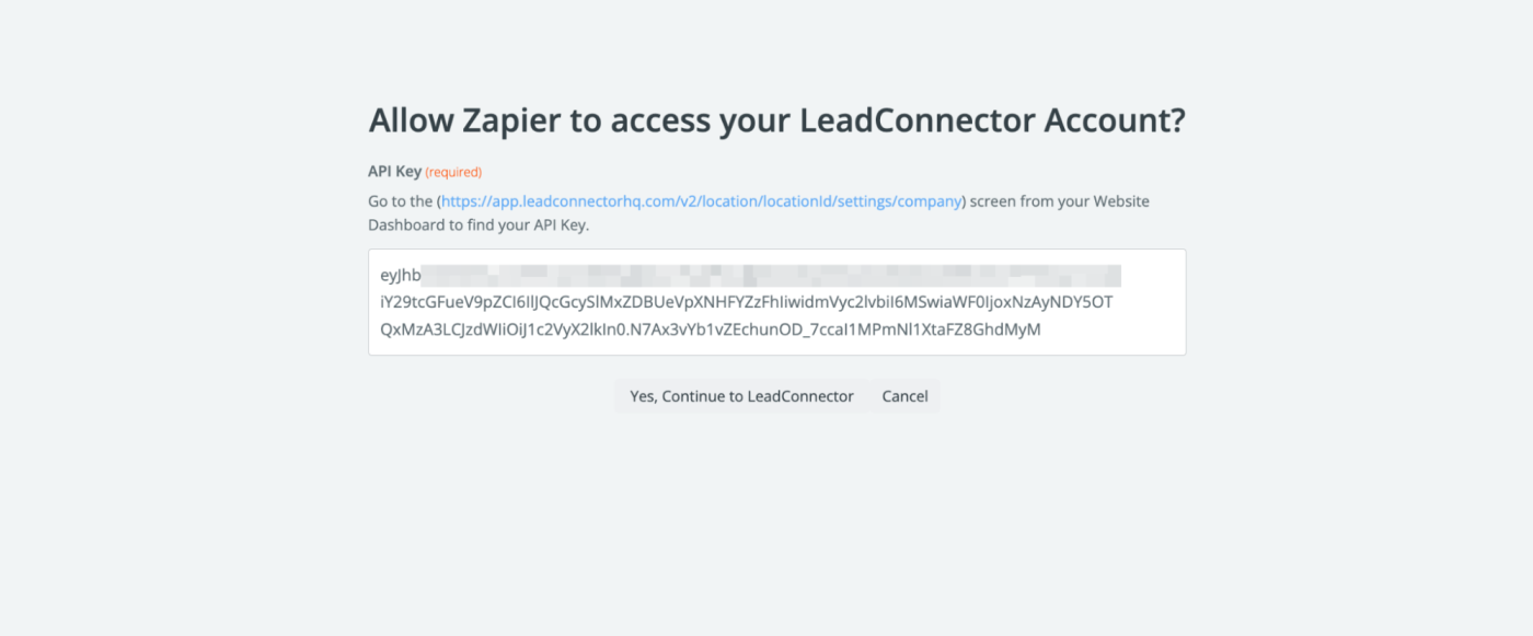 A popup window asking for permission to allow Zapier access to your LeadConnector account.