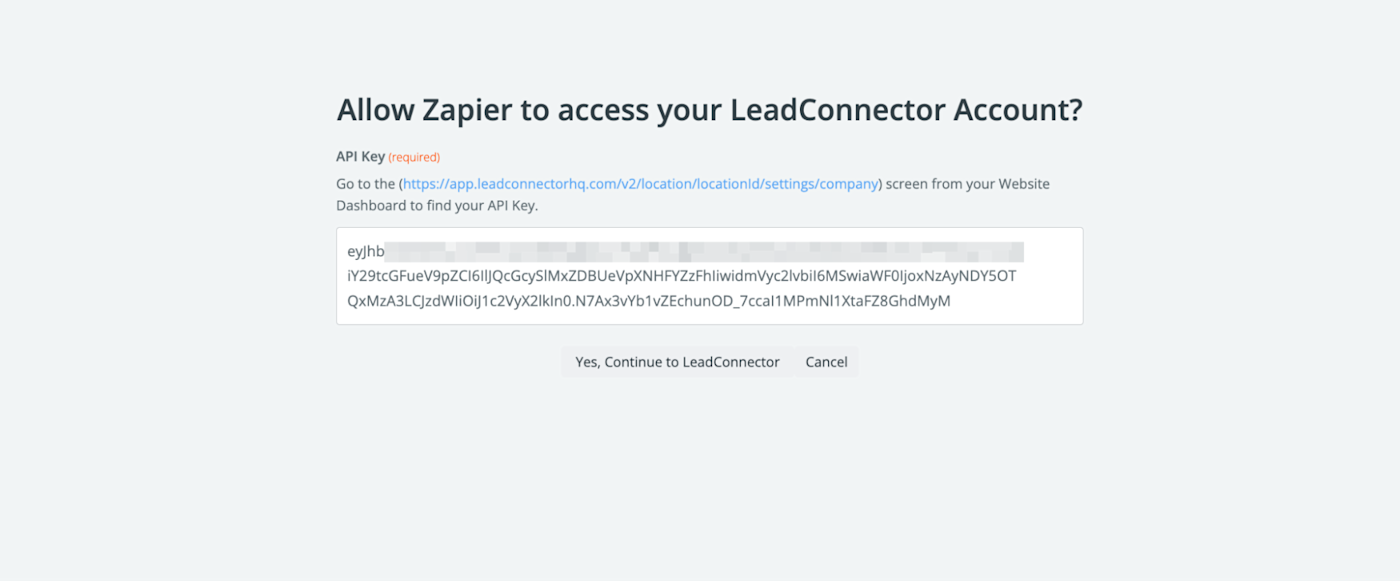 A popup window asking for permission to allow Zapier access to your LeadConnector account.