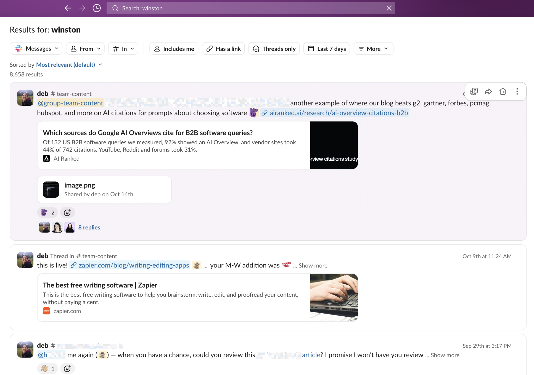 Slack search results with filter options