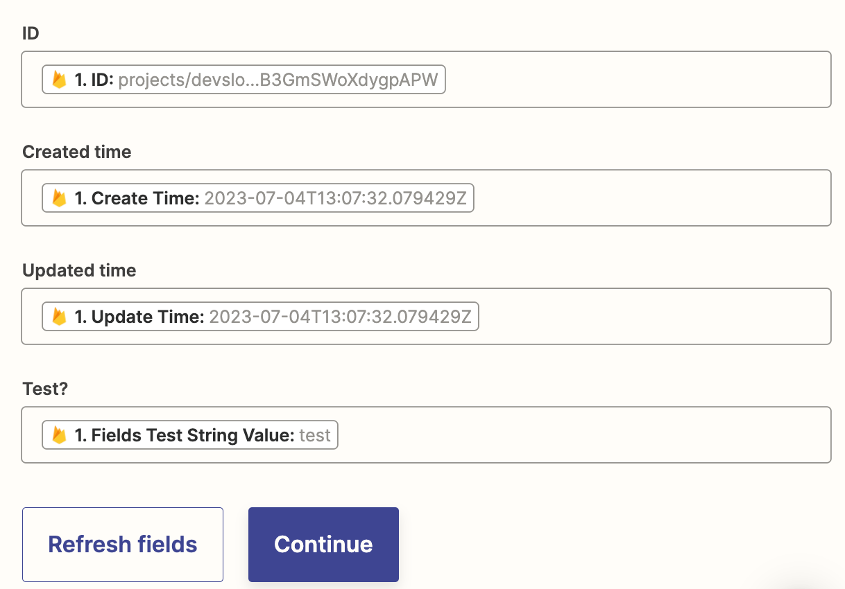 A screenshot of Firebase data inserted into Google Sheets columns inside of the Zapier editor.