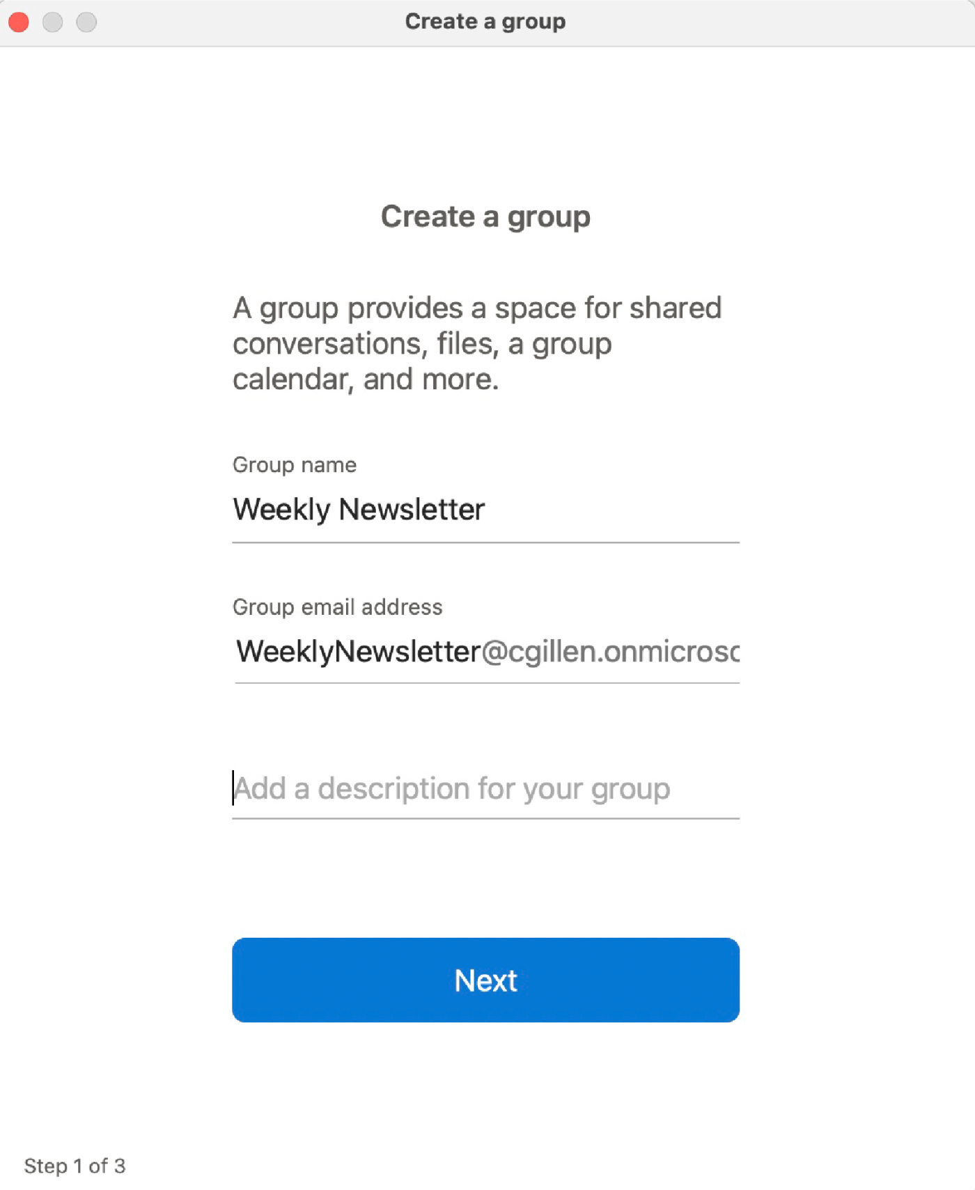 Screenshot showing how to name a group in Outlook.