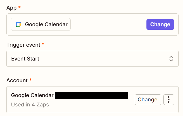 A window showing configuration options for connecting Google Calendar to Zapier