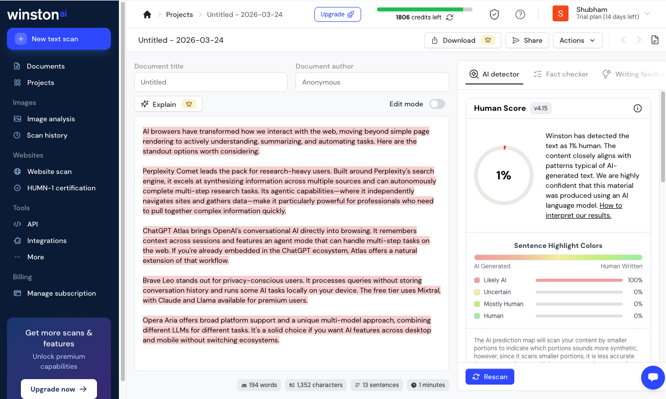 Winston AI, our pick for the best AI content detector for integrations