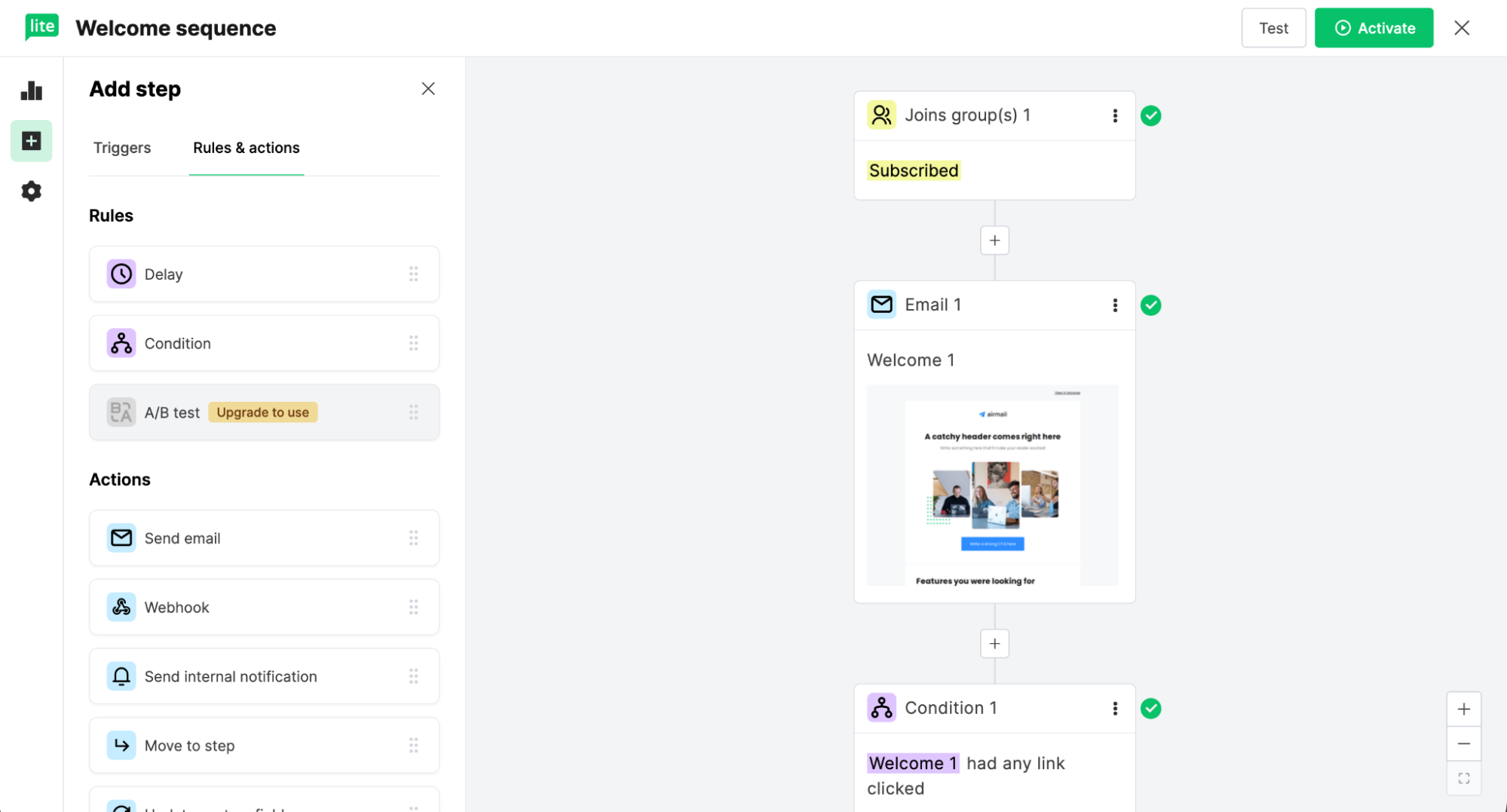 Mailerlite, our pick for the best free drip email software for simple email funnels and landing pages
