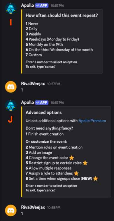 The Calendar bot asks the user to select a repeat schedule and either complete the event setup or explore advanced settings.