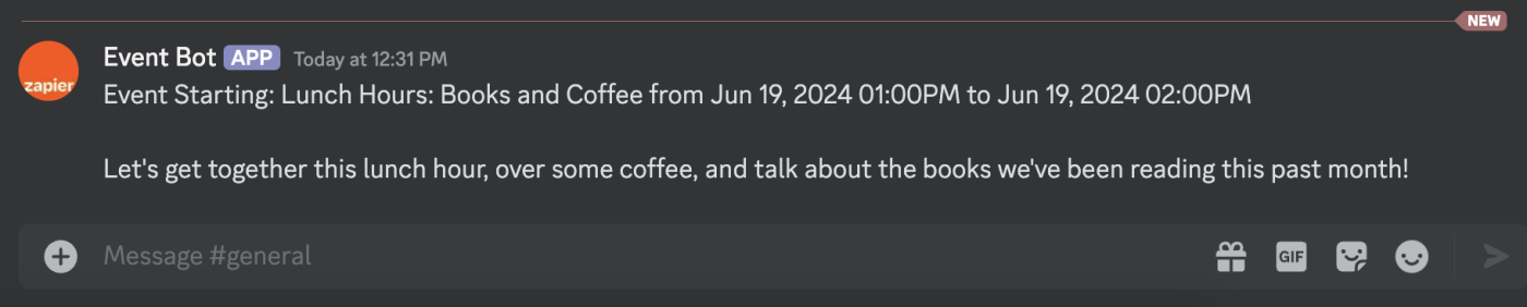 A Discord message that shows details from a Google calendar event.