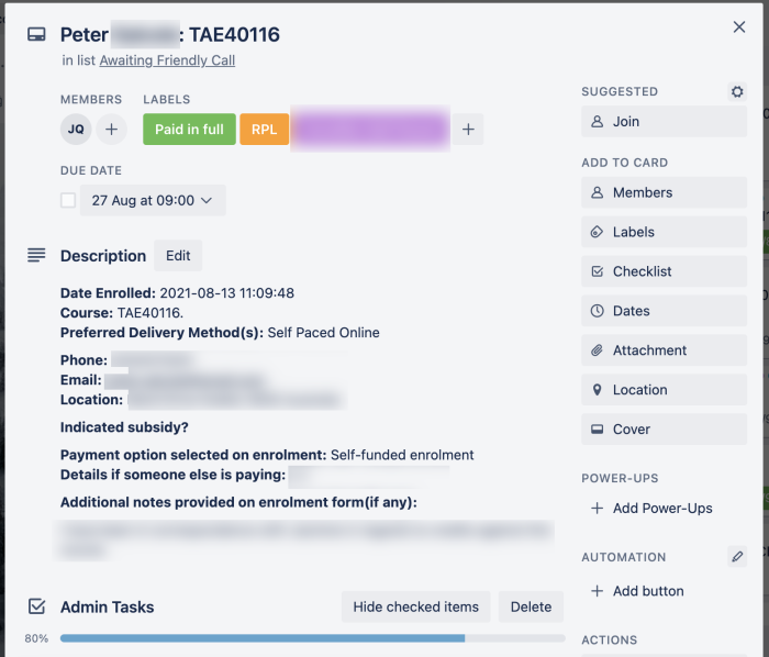 A screenshot of a created Trello card.