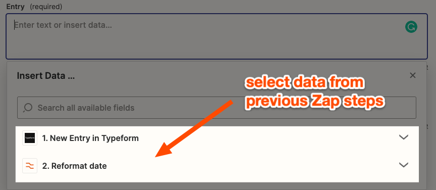 An arrow pointing to a dropdown menu of previous Zap steps.