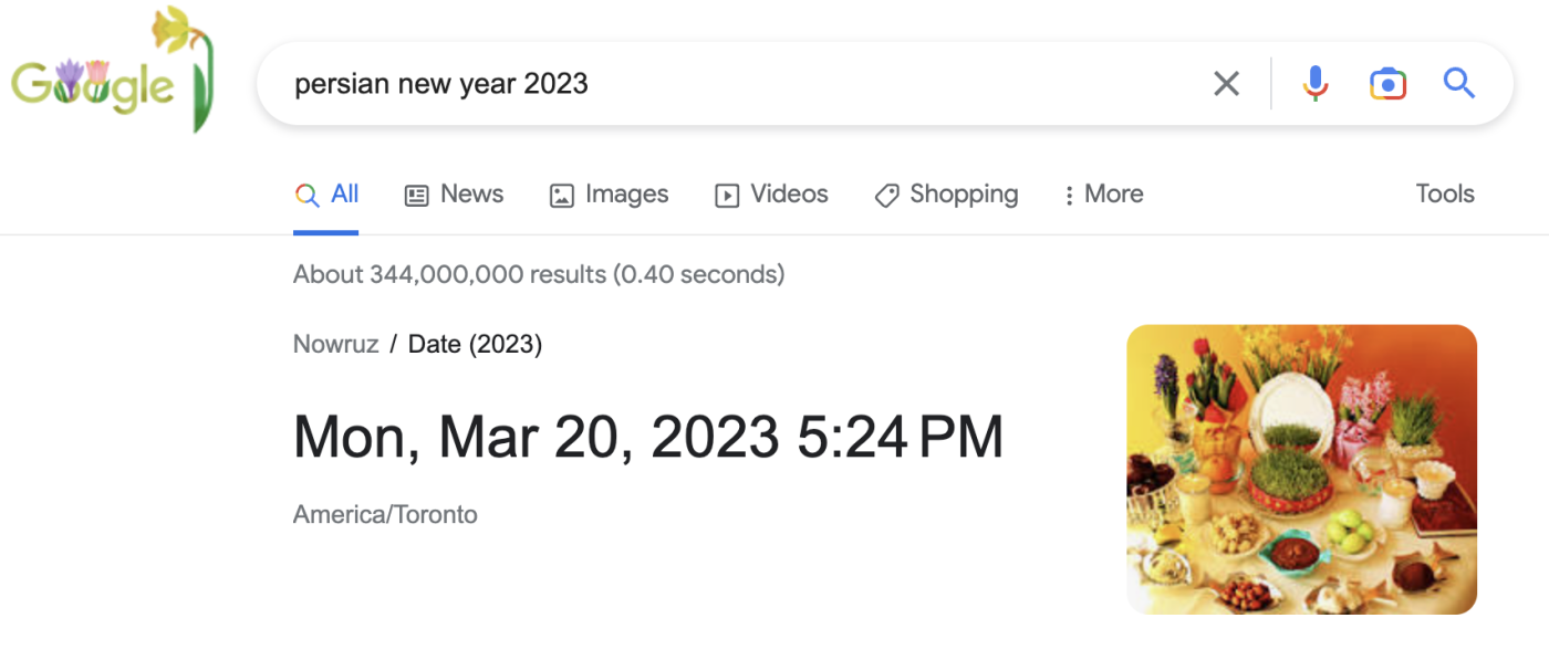 The time and date for the Persian new year is displayed at the top of a Google Search results page with the words Persian new year 2023 in the search bar.