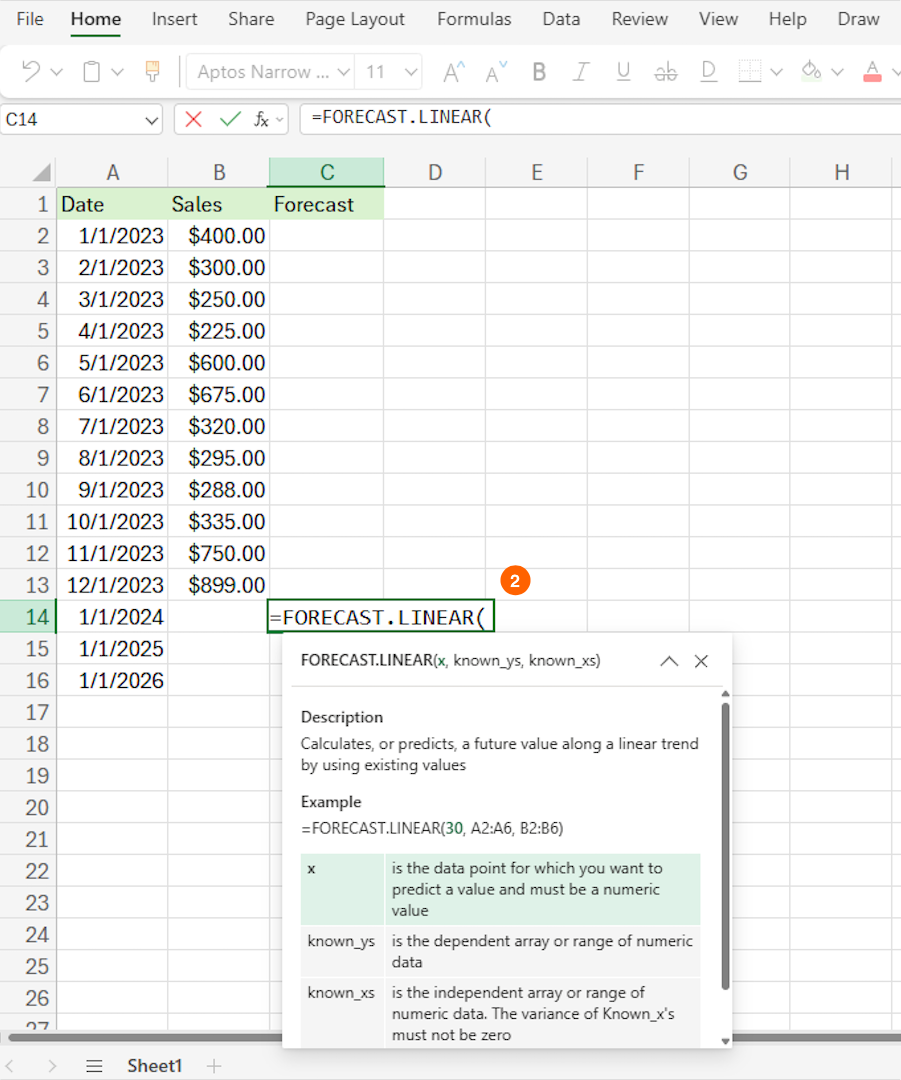 Image depicting the entry of the Excel FORECAST.LINEAR formula. The user has typed =FORECAST.LINEAR( into a cell within the "Forecast" column, aligned with the first future date.
