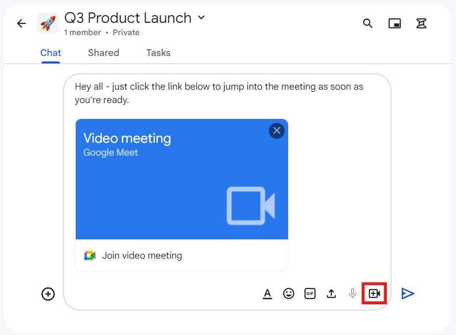 A link to a Google Meet meeting in Google Chat