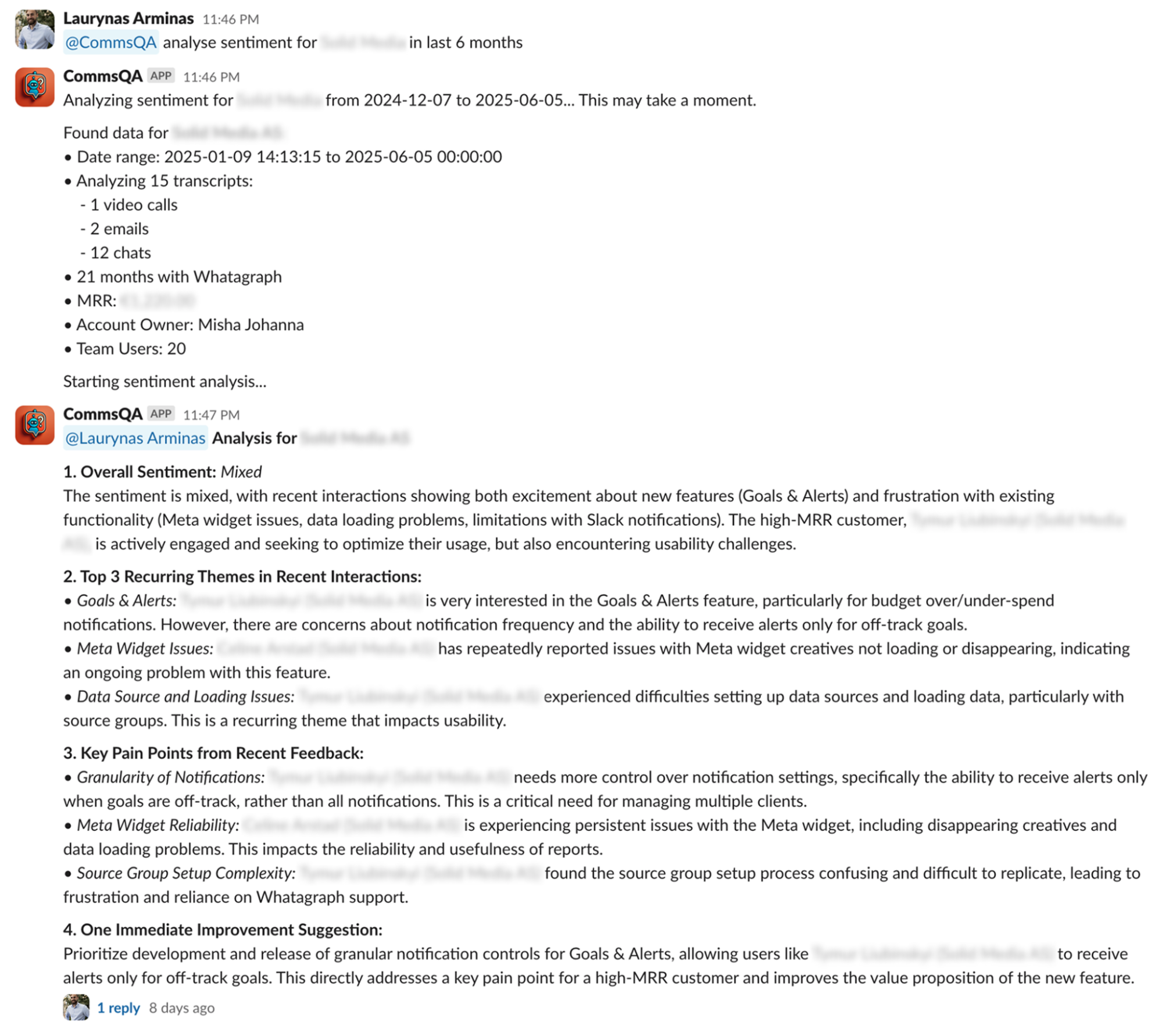 Slack conversation with CommsQA, an AI agent.