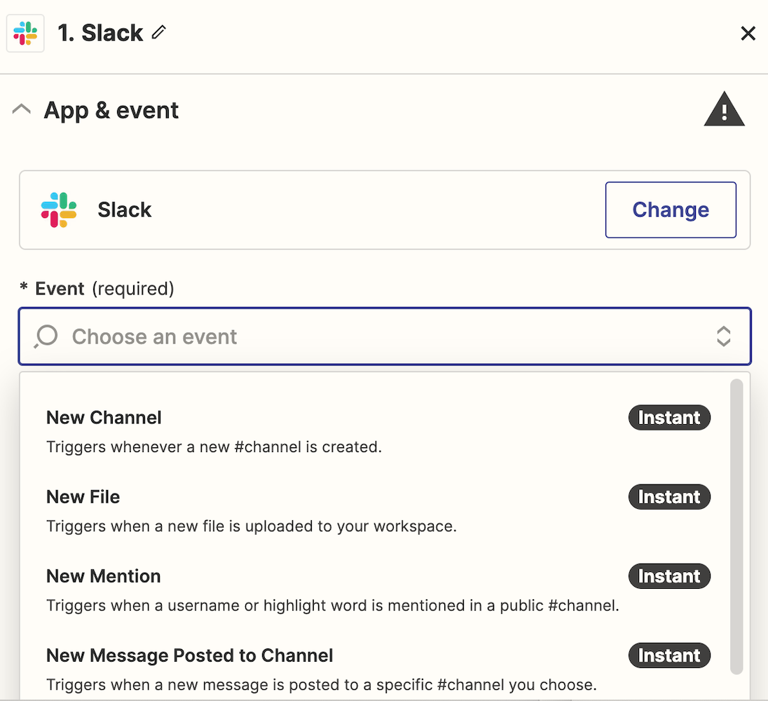 Screenshot of Slack actions in Zap editor