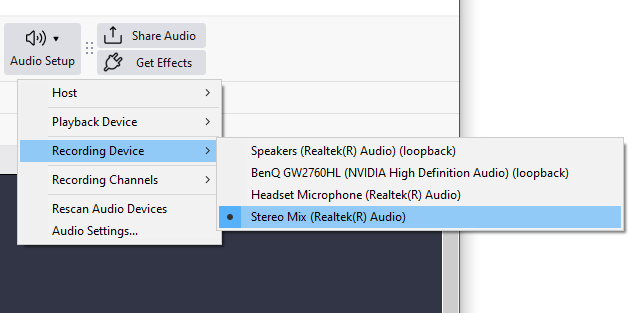 Selecting your device in Audacity
