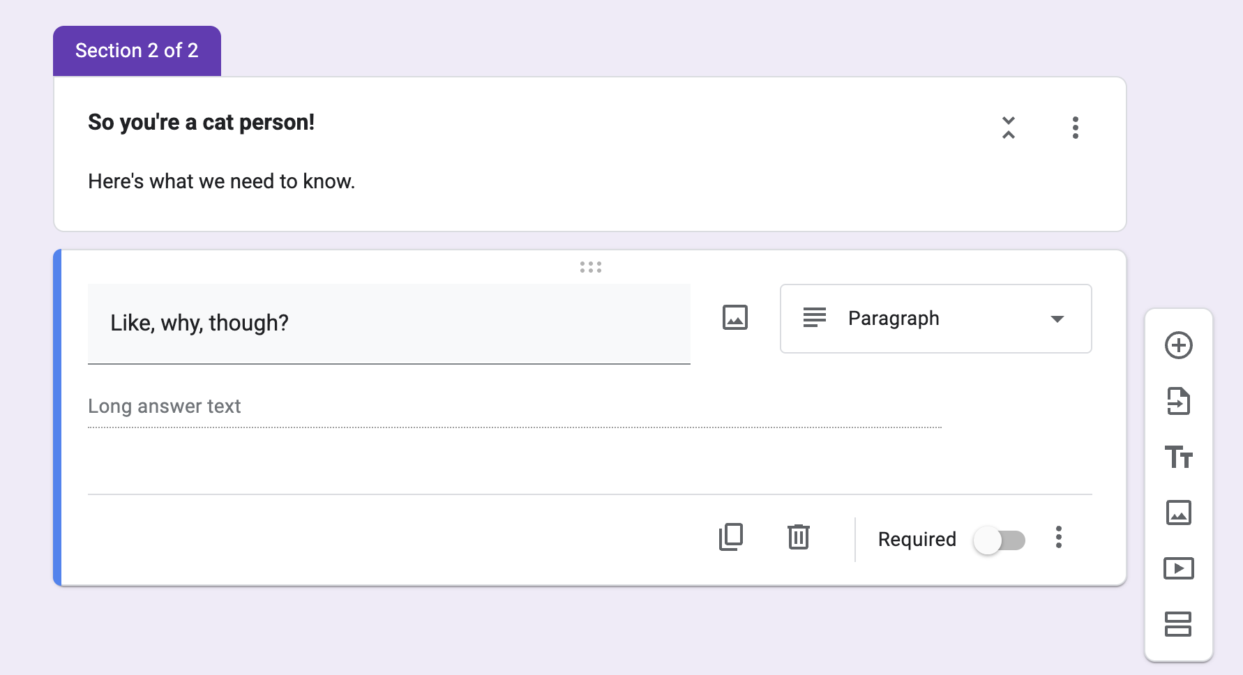 Editing a question in a new section in Google Forms.