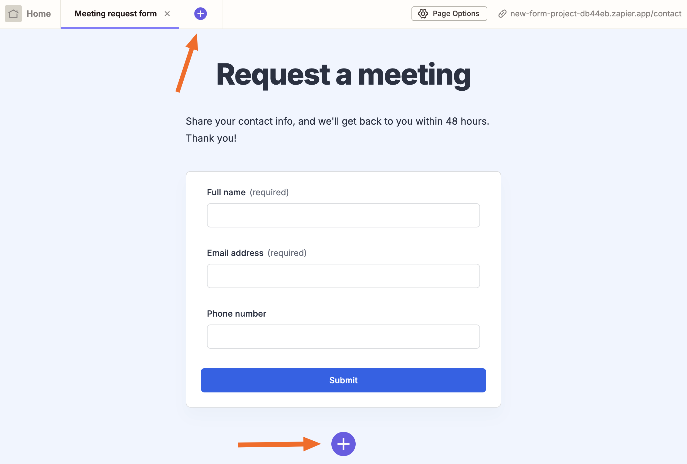 Meeting request form preview with tabs at the top, a plus icon to add a page, and a plus button to add a field below the form
