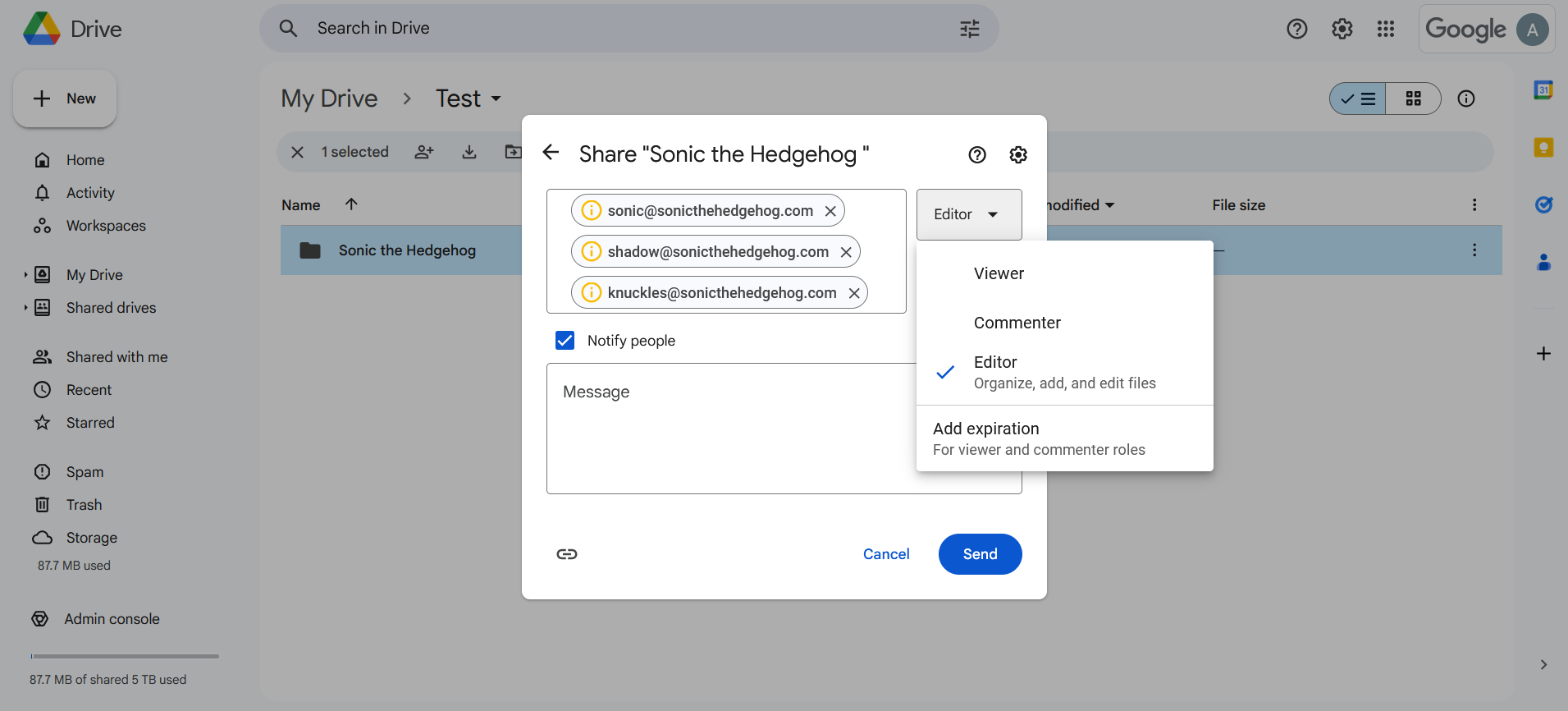 Screenshot of adding users to a Google drive folder