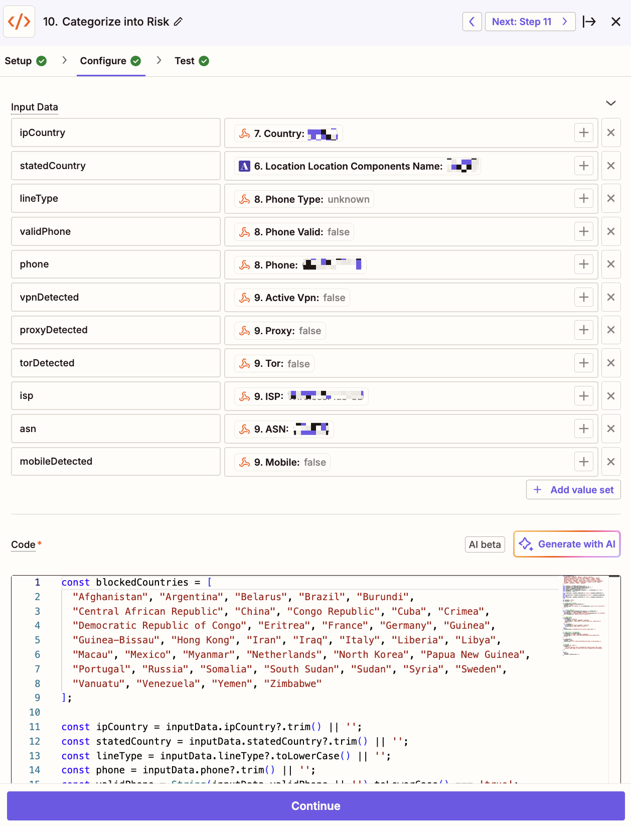 A Code by Zapier step in the Zapier editor.