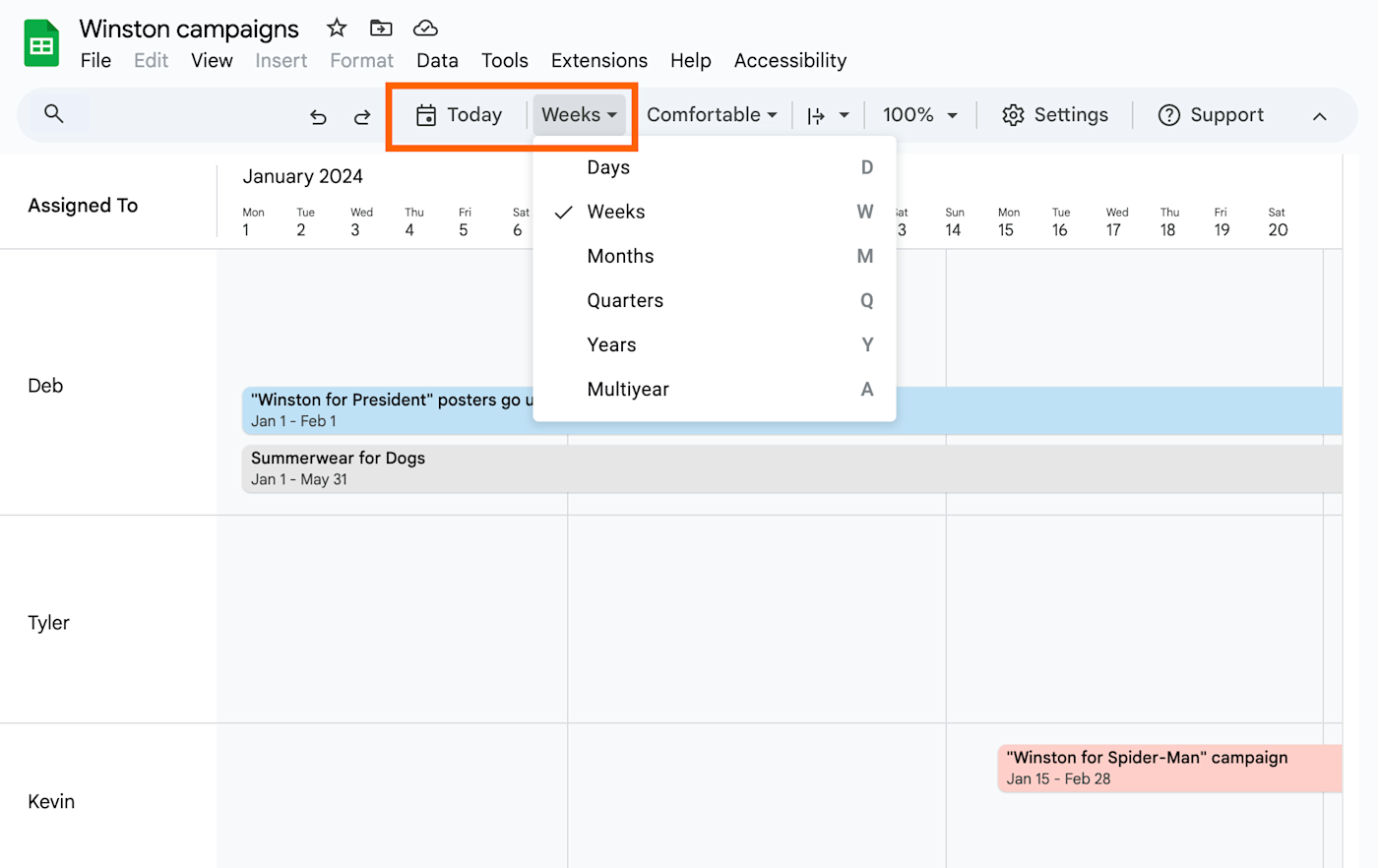 Expanded view of timeline view options for a Google Sheets Gantt chart. 