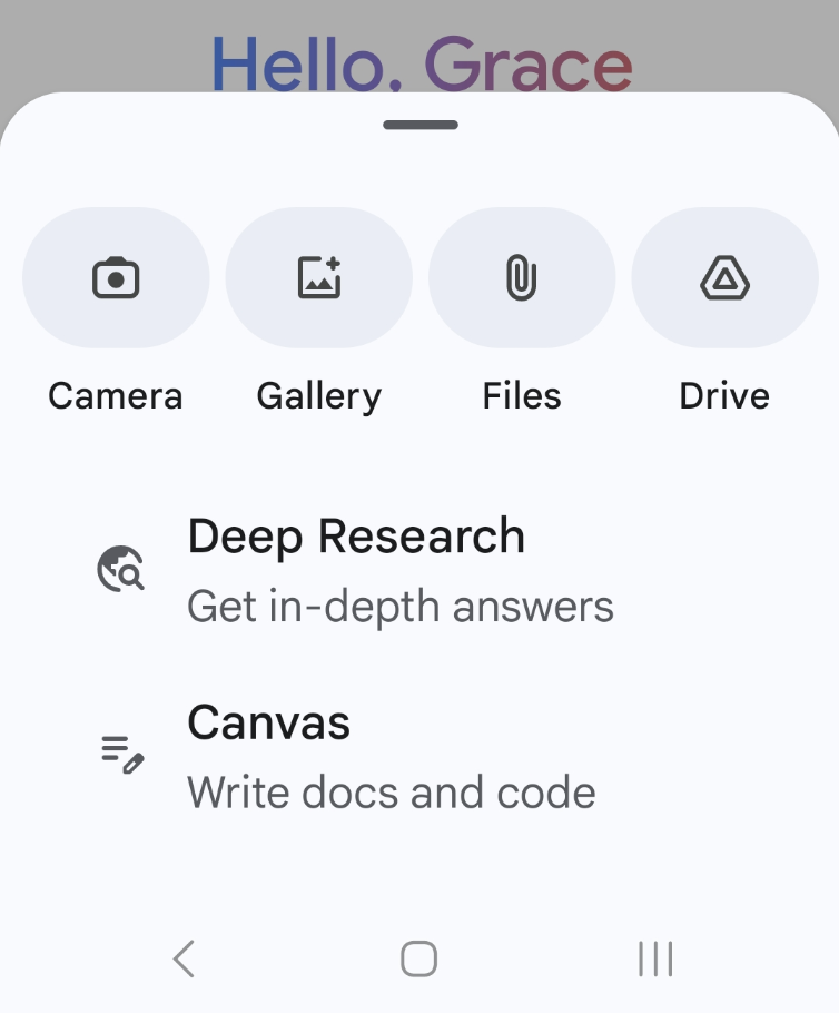 Expanded view of the plus menu in the Gemini Android mobile app. 