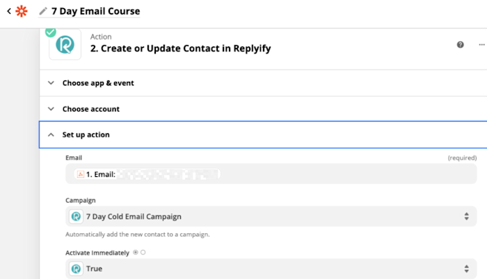 The action step of a Zap showing an email address from the prior webhooks step in the email field, plus campaigns and other fields from within the email service, Replyify.