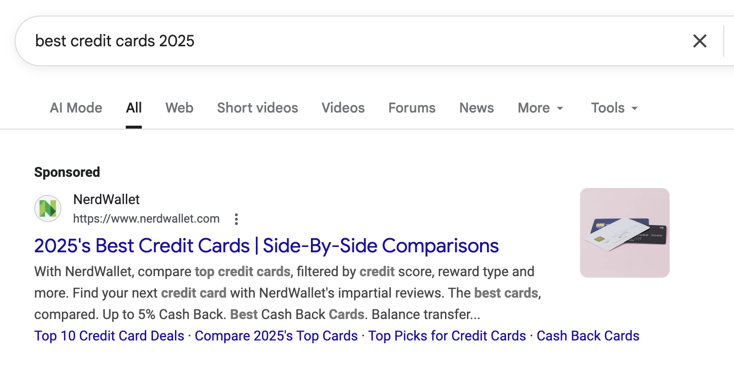 A Google Ad example from NerdWallet, showcasing its affiliates